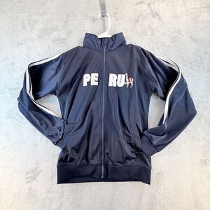 Peru Track Jacket Mens Medium Llama Embroidered Full Zip Blue Vintage Style
